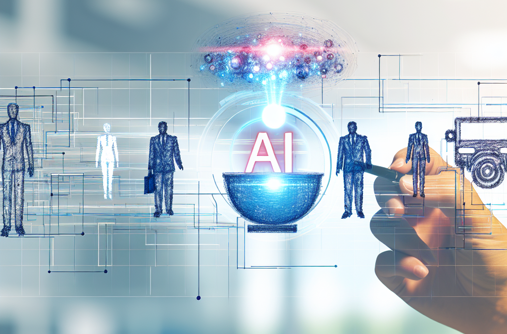 Profesionales en oficina colaborando sobre gráficos de inteligencia artificial