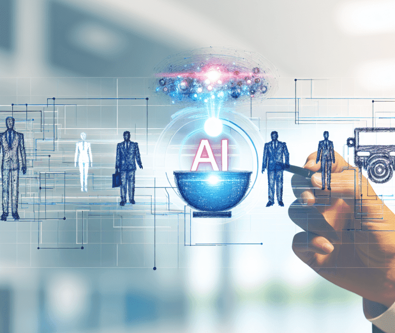 Profesionales en oficina colaborando sobre gráficos de inteligencia artificial